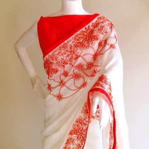 Half White Semi Raw Silk Saree With Hand Embroidered Floral - Etsy