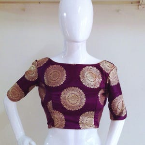 Custom Wine Red Brocade Blouse: Boat Neck with Tassels