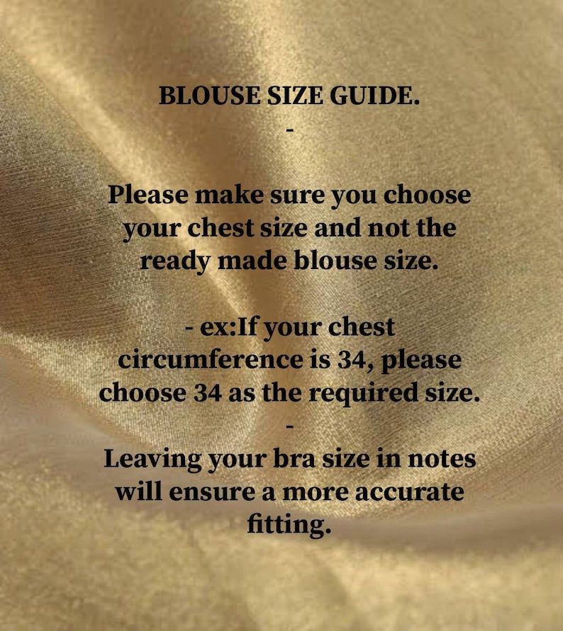 Puede incluir: Texto sobre un fondo dorado con el t&iacute;tulo "GU&Iacute;A DE TALLAS DE BLUSA." El texto explica c&oacute;mo medir para una blusa. Dice que debes medir el tama&ntilde;o de tu pecho y no el tama&ntilde;o de la blusa ya hecha. Da un ejemplo: "ej: Si tu circunferencia de pecho es 34, elige 34 como el tama&ntilde;o requerido." Tambi&eacute;n dice que debes dejar tu talla de sujetador en notas para asegurar un ajuste m&aacute;s preciso.