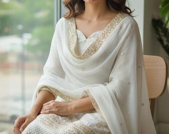 Ivory Banarasi Silk Kurta Set | Sequin Border, Indian Wedding Wear