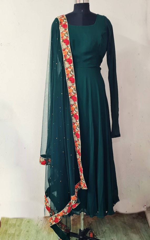 Dark Green Mirror, Zari and Beads work with Digital Print Floor Length –  Seasons Chennai