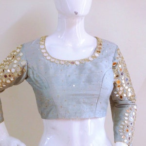Custom Pale Blue-Green Raw Silk Blouse with Mirror Work