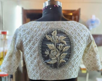 Hand-Embroidered Ivory Raw Silk & Organza Pearl Blouse - Custom Stitched Bridal/Party Wear