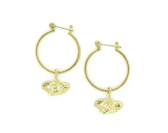 22mm Classic Gold Lightweight Ginkgo Leaf Removable Charm Hoop Earrings