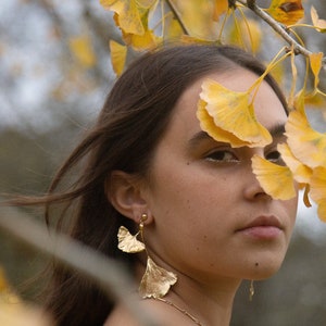 Ginkgo Leaf Cluster Botanical Gold Statement Earrings