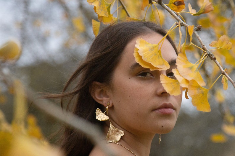 Ginkgo Leaf Cluster Botanical Gold Statement Earrings image 1