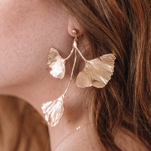 Ginkgo Leaf Cluster Botanical Gold Statement Earrings image 7