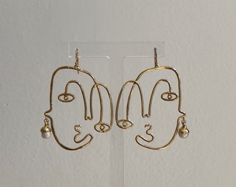 Abstract Gold Wire Face Statement Earrings
