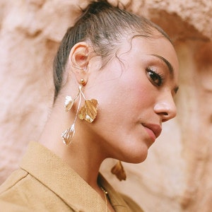 Ginkgo Leaf Cluster Botanical Gold Statement Earrings image 8