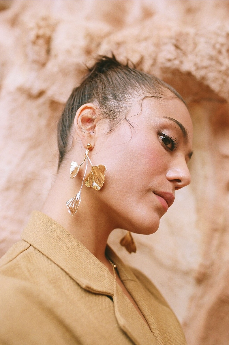 Ginkgo Leaf Cluster Botanical Gold Statement Earrings image 8