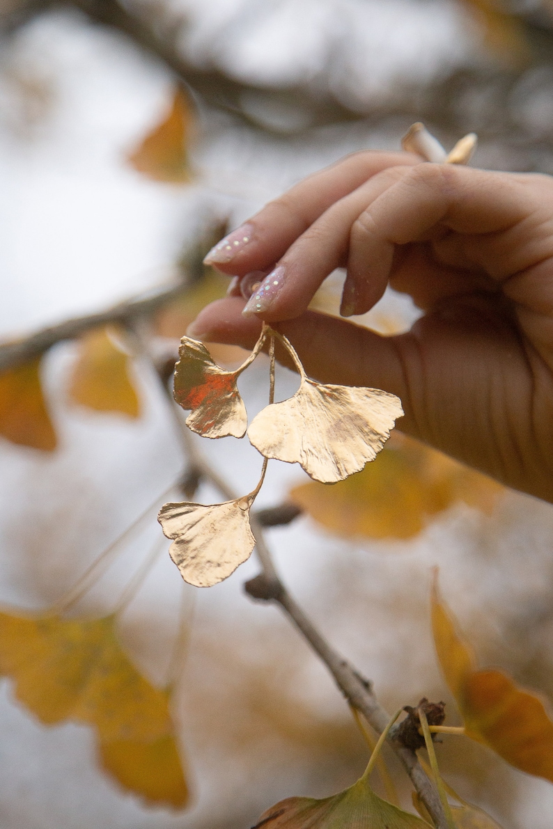 Ginkgo Leaf Cluster Botanical Gold Statement Earrings image 2