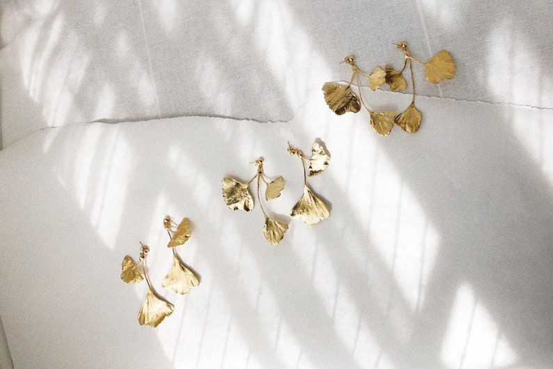 Ginkgo Leaf Cluster Botanical Gold Statement Earrings image 9