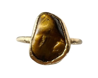 Tiger's Eye Raw Stone Crystal Gold Dainty Minimalist Stackable Stacking Ring