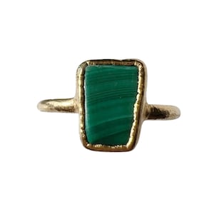 Malachite Raw Stone Crystal Gold Dainty Minimalist Stackable Stacking Ring image 1