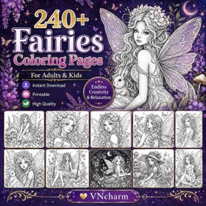 Pacchetto di oltre 240 pagine da colorare di fate, PDF stampabili per adulti e bambini, fate della foresta magica, elfi e angeli, download immediato in formato PNG.