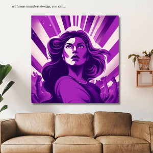 May include: Purple and white abstract art print featuring a woman with long hair looking upwards. The background is a series of radiating lines and stars.