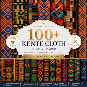 Pode incluir: Uma coleção de papel digital com mais de 100 padrões de tecido Kente com designs geométricos em laranja, azul, verde e preto. A imagem exibe um rótulo central com o texto 100+ KENTE CLOTH DIGITAL PAPER, 30,48 x 30,48 cm, 300 DPI, JPG.