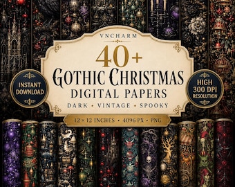 Más de 40 papeles digitales navideños góticos, patrones PNG de terror para las fiestas, con y sin costuras.