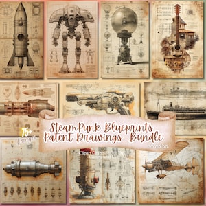 Pode incluir: Uma coleção de mais de 75 plantas e desenhos de patentes steampunk. As imagens são em preto e branco com tons sépia e apresentam várias invenções, incluindo um foguete, um robô, um dirigível, uma guitarra, um navio, uma arma, um submarino e um avião.