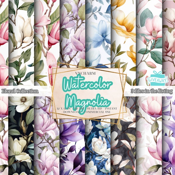 180+ Watercolor Magnolia Seamless & non-seamless Pattern- Digital Papers 12x12" 300 Dpi Instant Download Commercial Use