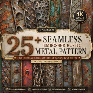 Rustic Metal Seamless Pattern Bundle | 25+ Embossed Steel Textures, Rusted Industrial Digital Paper PNG, 4K 12x12 Instant Download
