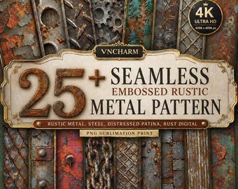 Rustic Metal Seamless Pattern Bundle | 25+ Embossed Steel Textures, Rusted Industrial Digital Paper PNG, 4K 12x12 Instant Download