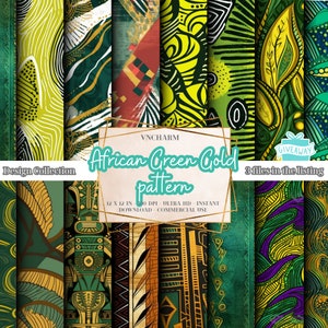 Oltre 50 motivi ripetuti senza soluzione di continuità in verde e oro africano (4K, Ultra HD, 4096 x 4096 px) - Download immediato gratuito di 3 file 12x12" 300 dpi per uso commerciale