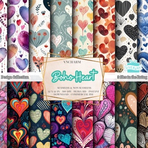 May include: A set of 8 digital paper designs featuring various patterns of hearts in different colors and styles. The papers are perfect for crafting, scrapbooking, and other creative projects. The text on the image reads "Boho Heart, Seamless & Non-Seamless, 12 x 12 in - 300 DPI - Ultra HD - Instant Download - Commercial Use".