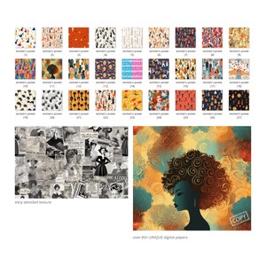 May include: A collection of over 60 digital papers featuring various patterns and designs. The papers include abstract patterns, geometric shapes, and illustrations of women. The papers are perfect for crafting, scrapbooking, and digital design projects.