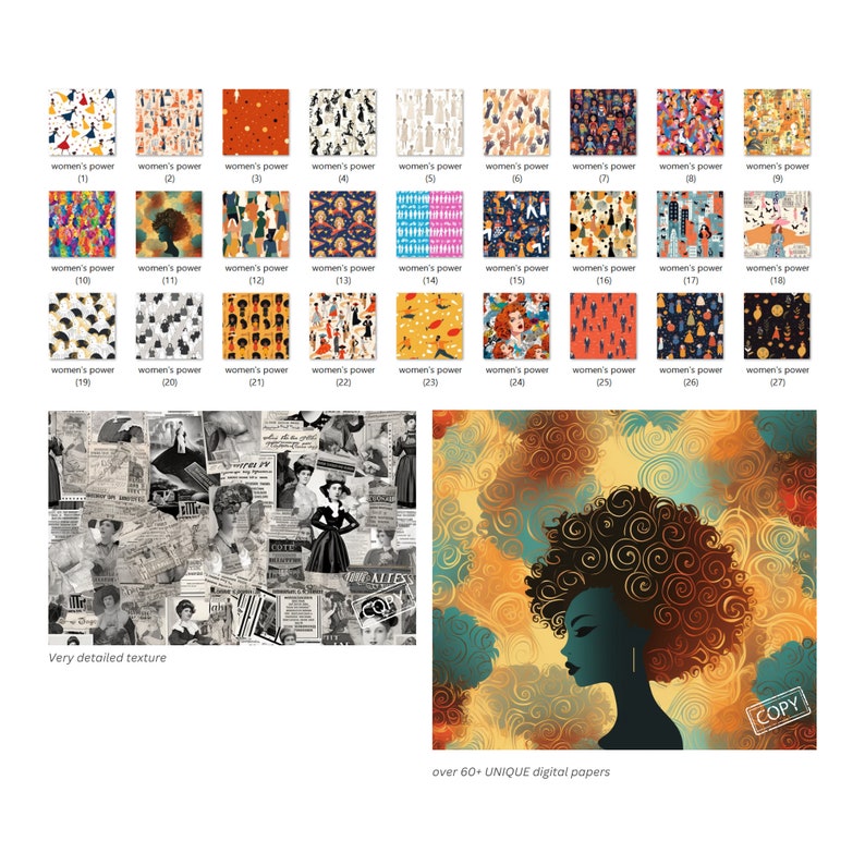 May include: A collection of over 60 digital papers featuring various patterns and designs. The papers include abstract patterns, geometric shapes, and illustrations of women. The papers are perfect for crafting, scrapbooking, and digital design projects.