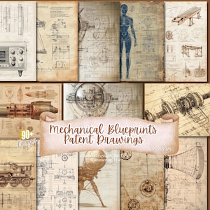 75+ Mechanical Patent Drawings, Vintage, Machine Patent, Instant Download, Vintage Ephemera Mechanical Drawings Junk Journal, Digital Paper