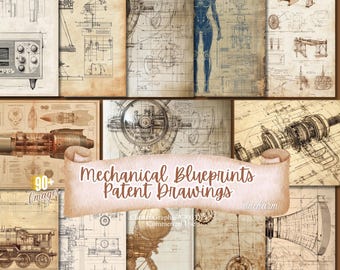 May include: A digital collage of 90+ vintage mechanical blueprint and patent drawings. The images are in black and white and sepia tones and feature various mechanical designs, including gears, engines, and other industrial machinery. The text "Mechanical Blueprints Patent Drawings" is displayed in a banner across the center of the image.