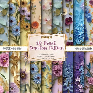Op de afbeelding: Een verzameling 3D bloemen naadloze patronen in diverse kleuren, waaronder blauw, paars, roze en geel. De afbeelding toont verschillende ontwerpen met bloemen en bladeren. De tekst op de afbeelding luidt "3D Floral Seamless Pattern" en "30.48 x 30.48 cm".