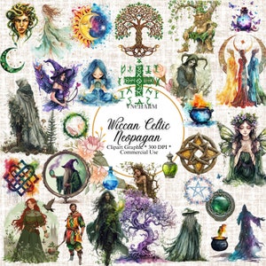 May include: A collection of 20 digital clipart images featuring a variety of Wiccan and Celtic Neopagan themes. The images include fairies, witches, trees, moons, cauldrons, and other magical elements. The images are in a watercolor style and are perfect for use in digital scrapbooking, card making, and other creative projects.