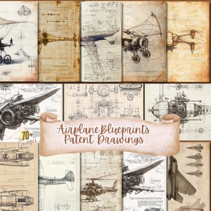Könnte beinhalten: Eine digitale Collage aus über 70 Vintage-Flugzeugplänen und Patentzeichnungen. Die Bilder sind in Schwarzweiß und haben einen Sepia-Ton. Der Text "Airplane Blueprints Patent Drawings" ist in einem Banner in der Mitte der Collage geschrieben.