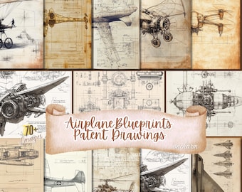 Más de 75 dibujos de aviones antiguos, planos esquemáticos, descarga instantánea de planos, dibujos efímeros antiguos para diario basura, papel digital.