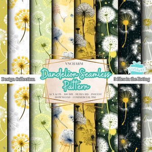80+ Dandelion Pattern, Floral Repeat Pattern | 12x12&quot; 300 DPI Instant Download, Junk Journal Pages, Wildflower Dandelion, Field Flowers
