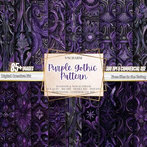 May include: A digital creative kit of 85+ purple gothic patterns. The patterns are seamless and non-seamless, 30.5 x 30.5 cm, 300 DPI, and for commercial use. The patterns feature intricate designs with a gothic theme.