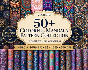 50+ Colorful Mandala Patterns, Seamless and Centered Digital Paper PNG, 4096px Boho Backgrounds for Scrapbooking and Commercial Use