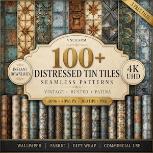 May include: A digital collection of 100+ distressed tin tile seamless patterns featuring rusted and patina textures. The image displays various vertical panels with vintage metal designs, including text labels like 4K UHD, 300 DPI, and PNG.