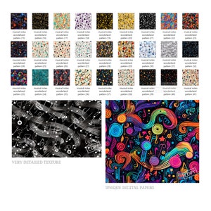 May include: A set of 41 digital paper patterns featuring musical notes, swirls, and stars in various colors and styles. The patterns are perfect for scrapbooking, card making, and other creative projects.
