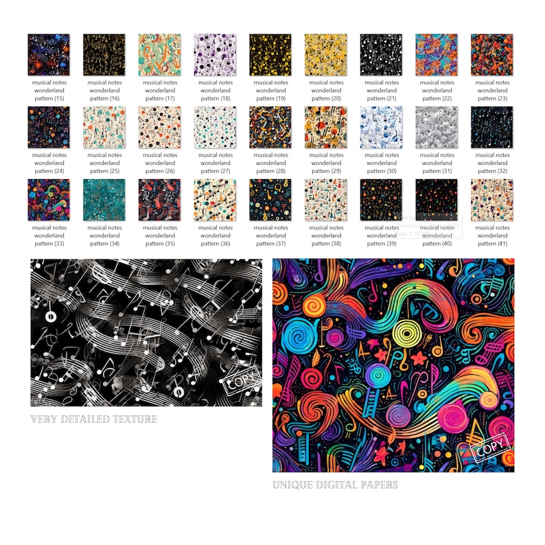 May include: A set of 41 digital paper patterns featuring musical notes, swirls, and stars in various colors and styles. The patterns are perfect for scrapbooking, card making, and other creative projects.
