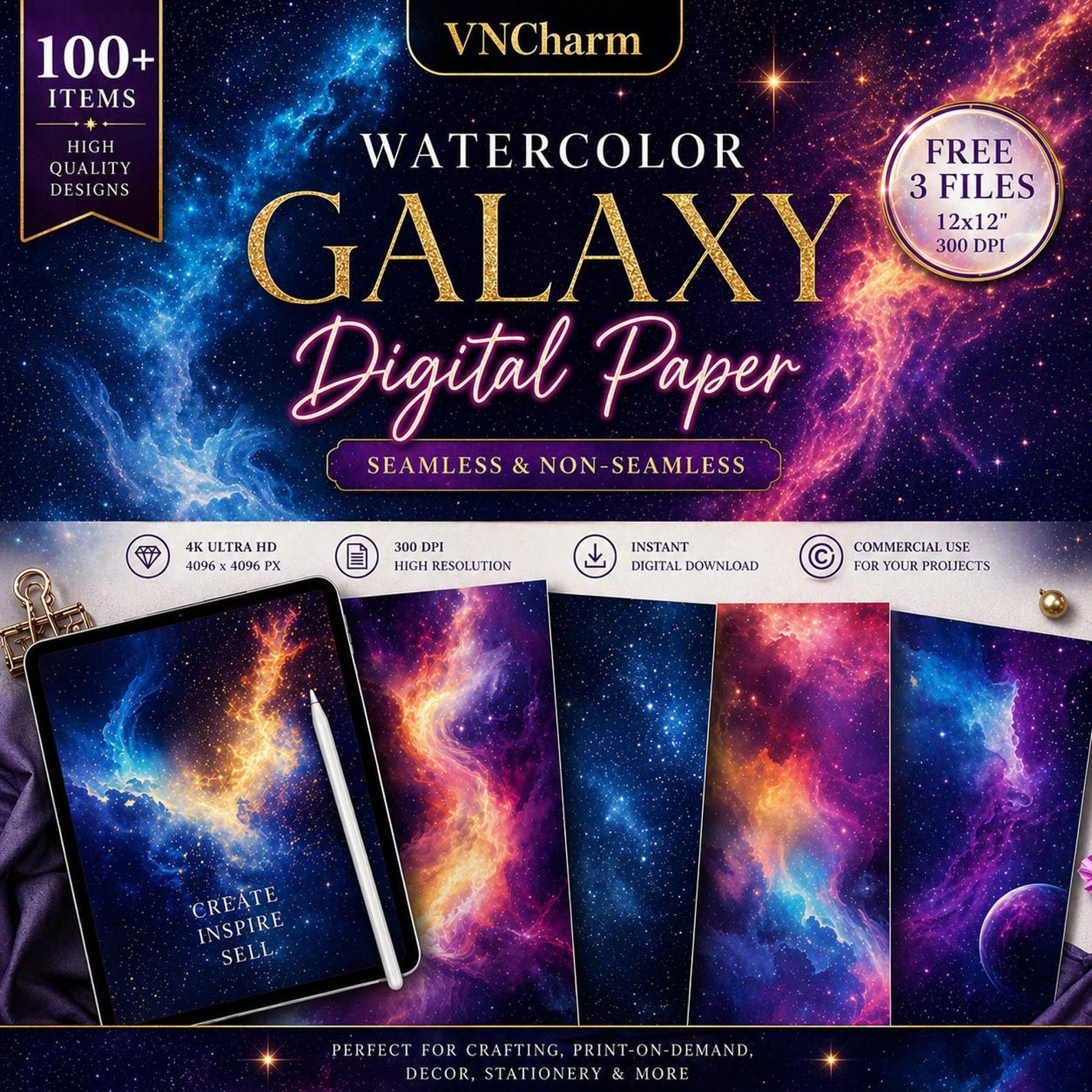 100+ Watercolor Galaxy Digital Paper Bundle, Seamless Non-seamless ...