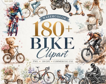 Paquete de imágenes prediseñadas de bicicletas en formato PNG, imágenes prediseñadas de bicicletas en acuarela, gráficos de bicicletas de montaña y motocicletas, casco de ciclismo en formato PNG, sublimación deportiva.