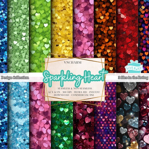 100+ Sparkle Sequin Heart Seamless & Non-seamless pattern (4K, Ultra HD, 4096 x 4096 Px) -12x12" 300 DPI Instant Download Commercial Use