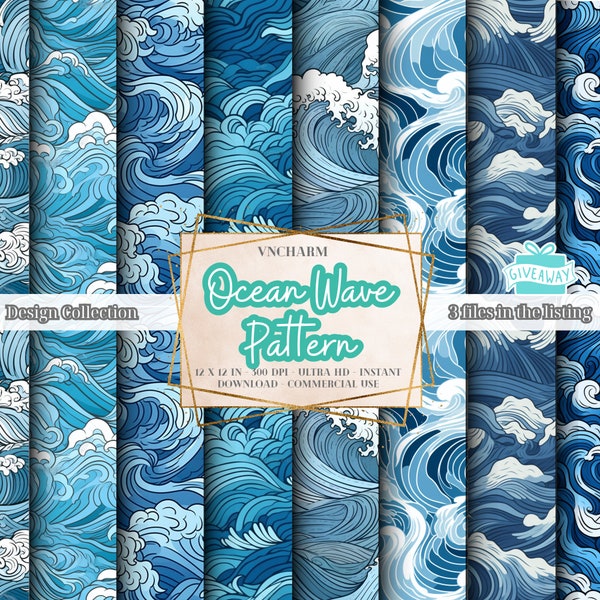 90+ Seamless Ocean Waves Pattern (4K, Ultra HD, 4096 x 4096 Px) - Free 3 Files 12x12" 300 Dpi Instant Download Commercial Use