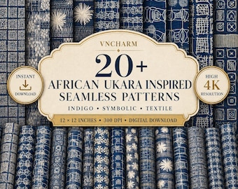 May include: A collection of over 20 seamless digital patterns featuring indigo and white Ukara-inspired designs. The image displays various geometric and symbolic motifs on fabric-like textures, with text reading 20+ AFRICAN UKARA INSPIRED SEAMLESS PATTERNS, 12 x 12 INCHES, 300 DPI, and DIGITAL DOWNLOAD.