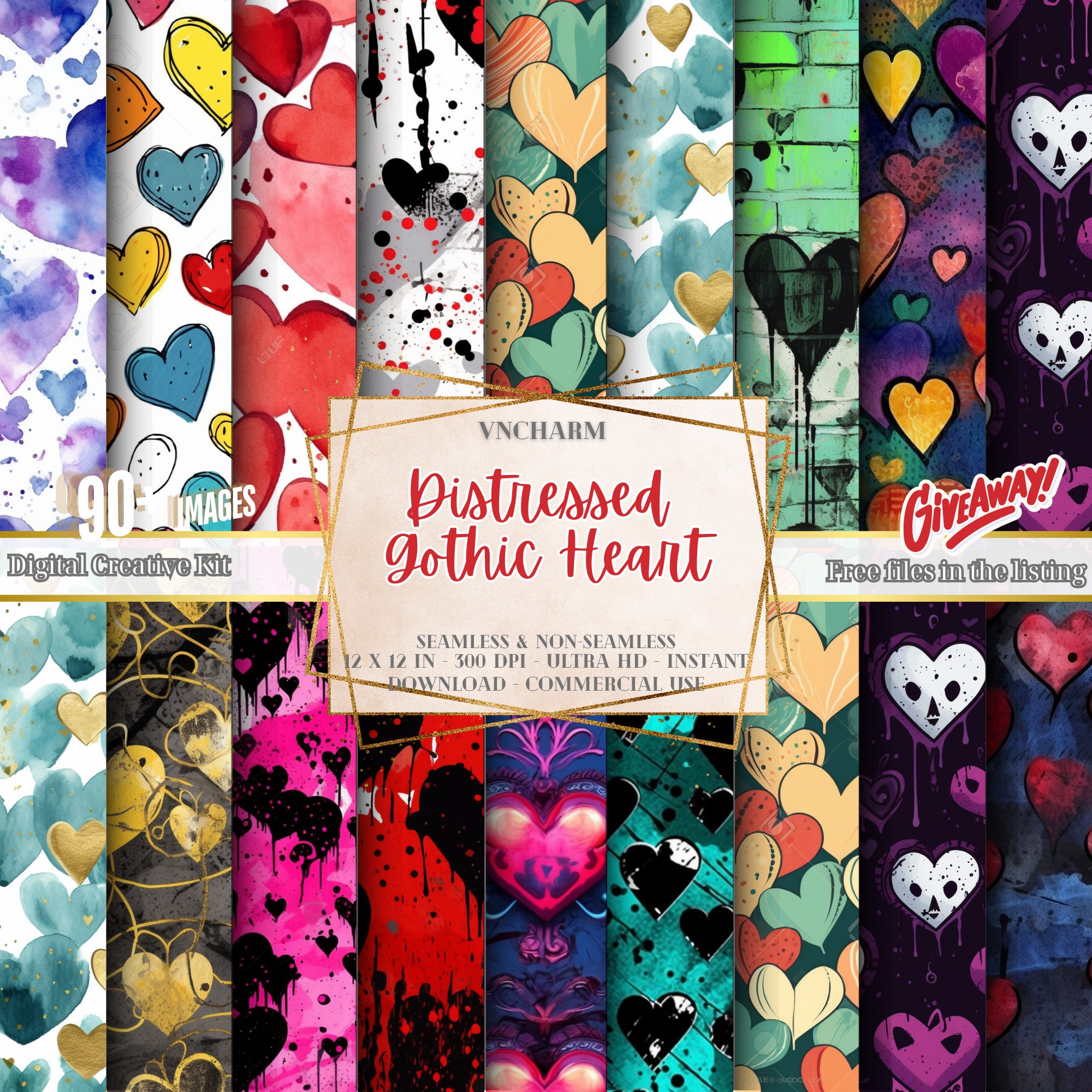 90+ Gothic Heart Seamless & Non-seamless pattern (4K, Ultra HD, 4096 x 4096 Px) -12x12" 300 DPI Instant Download Commercial Use