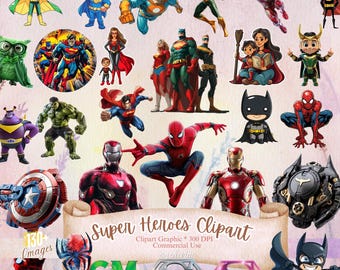 Clipart di supereroi, oltre 130 immagini PNG di supereroi stampabili, fumetti di eroi, adesivi stampabili di supereroi cattivi, download digitale