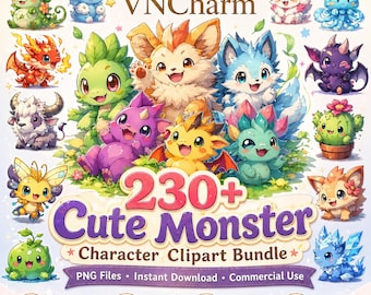 230+ Poke mon clipartbundel png, schattig monster karakter illustraties voor stickers, verjaardagsuitnodigingen, DIY ambachten, Instant Download